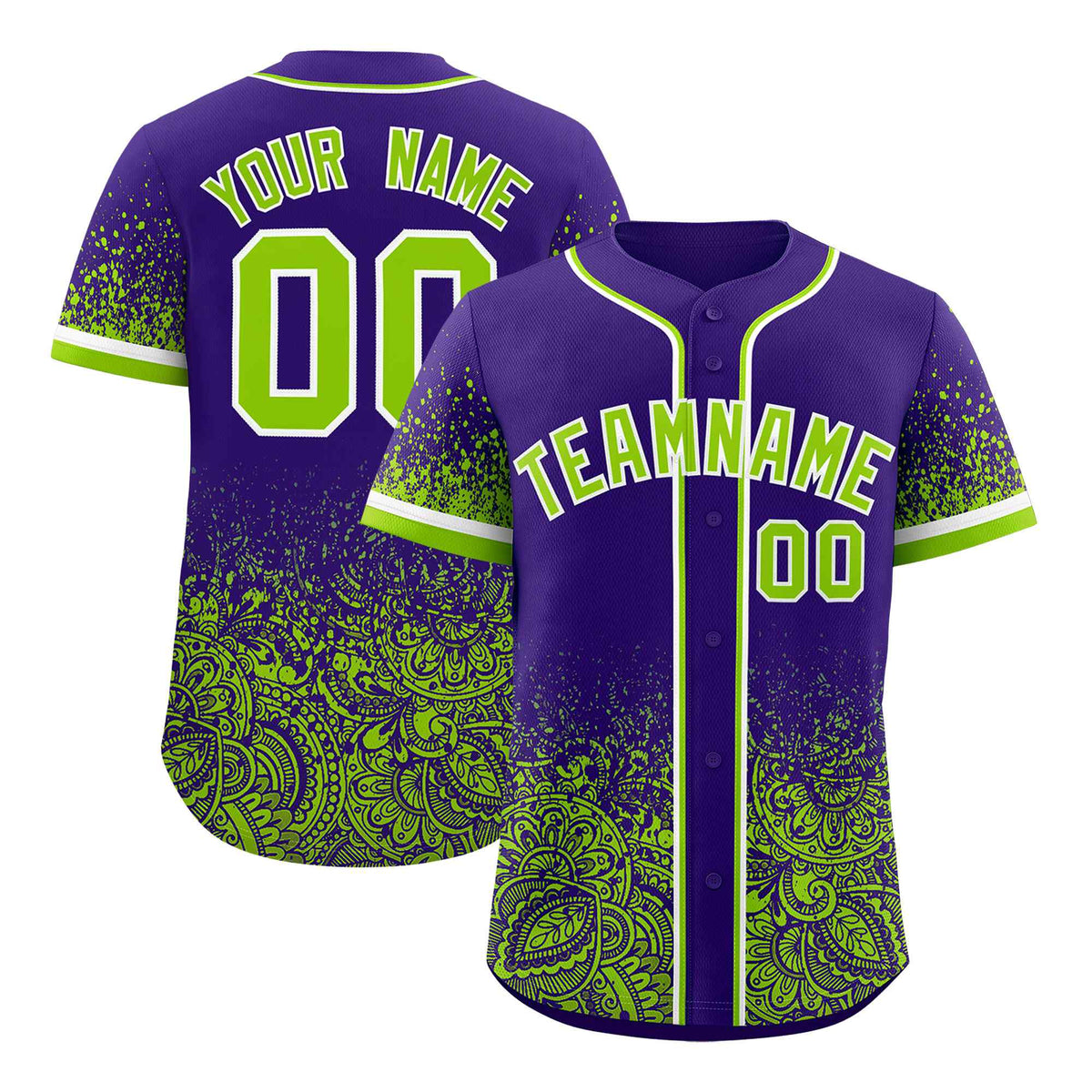 Custom Purple Neon Green Floral Print Pattern Full Button Gradient Fashion Baseball Jersey