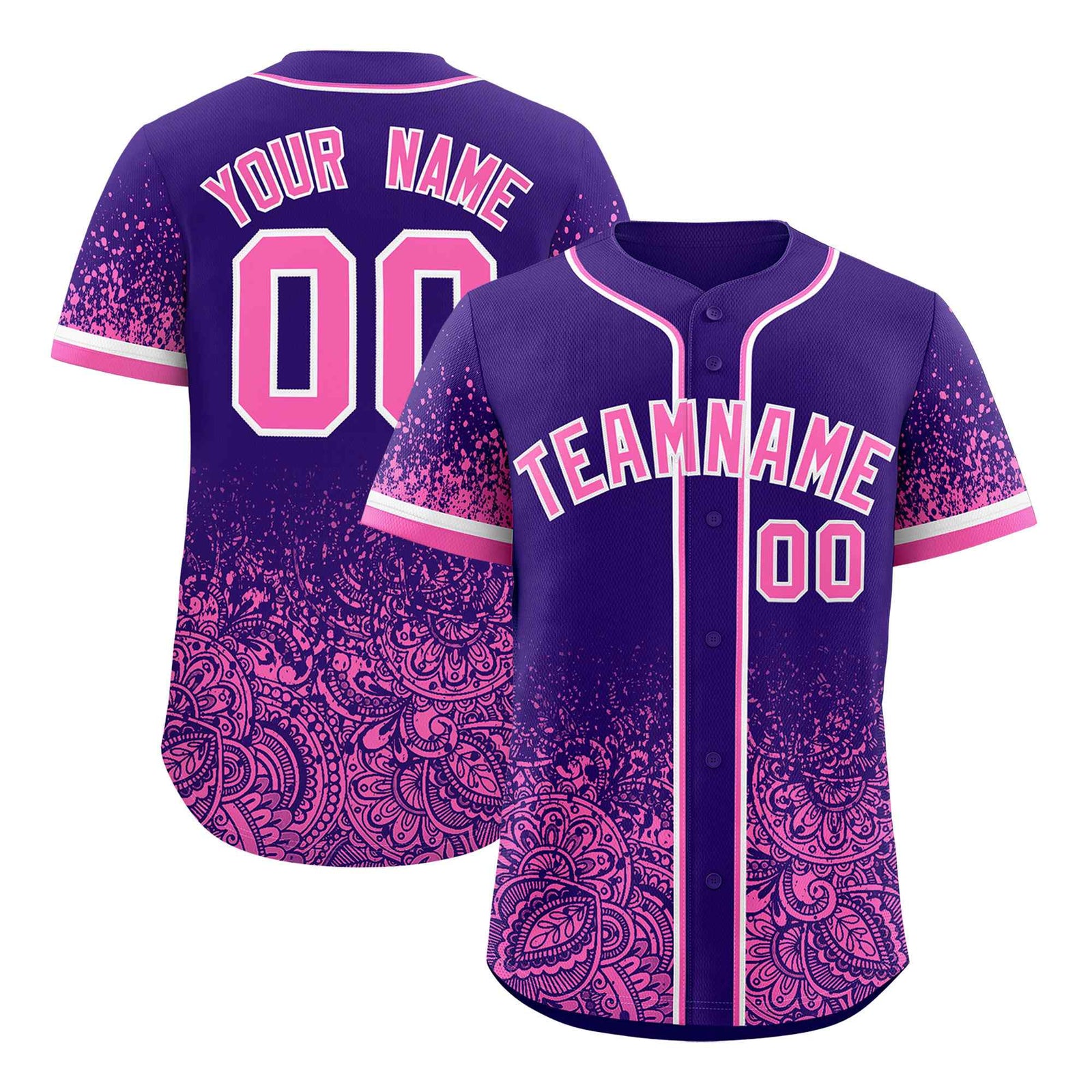 Custom Purple Pink Floral Print Pattern Full Button Gradient Fashion Baseball Jersey