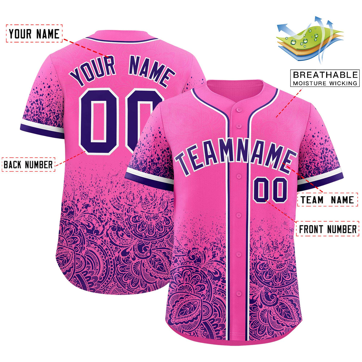 Custom Pink Purple Floral Print Pattern Full Button Gradient Fashion Baseball Jersey