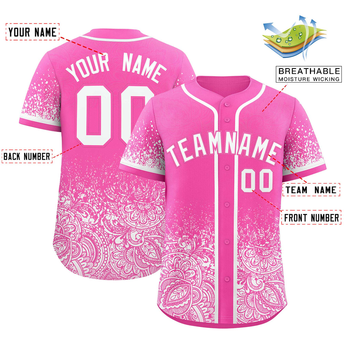 Custom Pink White Floral Print Pattern Full Button Gradient Fashion Baseball Jersey