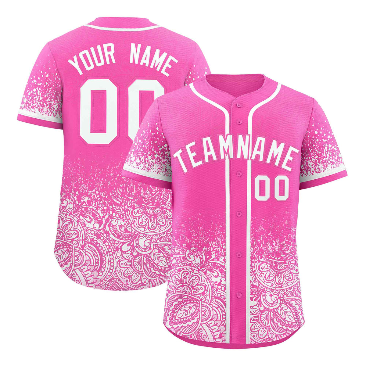 Custom Pink White Floral Print Pattern Full Button Gradient Fashion Baseball Jersey