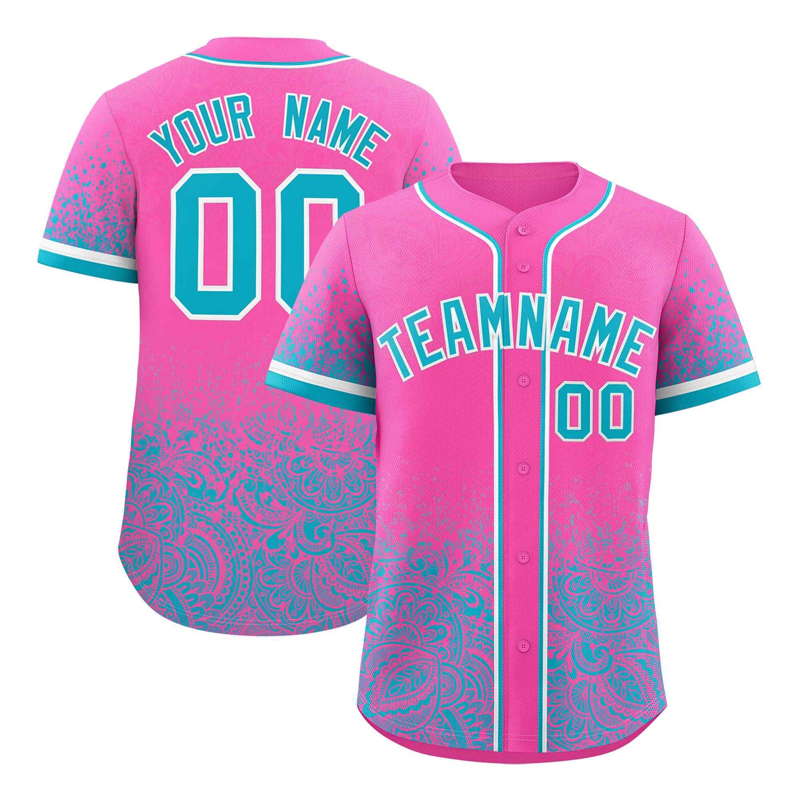 Custom Pink Sky Blue Floral Print Pattern Full Button Gradient Fashion Baseball Jersey