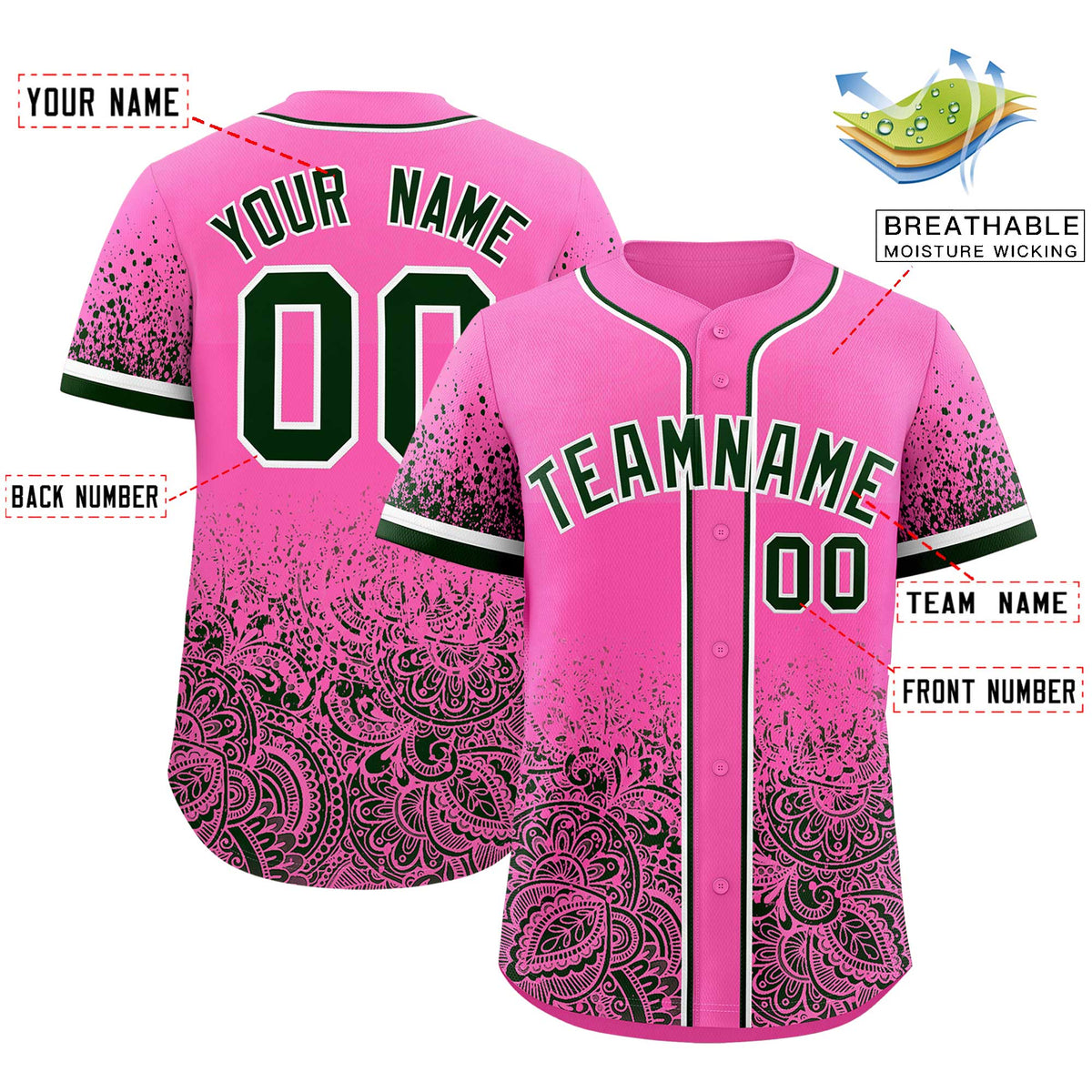 Custom Pink Green Floral Print Pattern Full Button Gradient Fashion Baseball Jersey