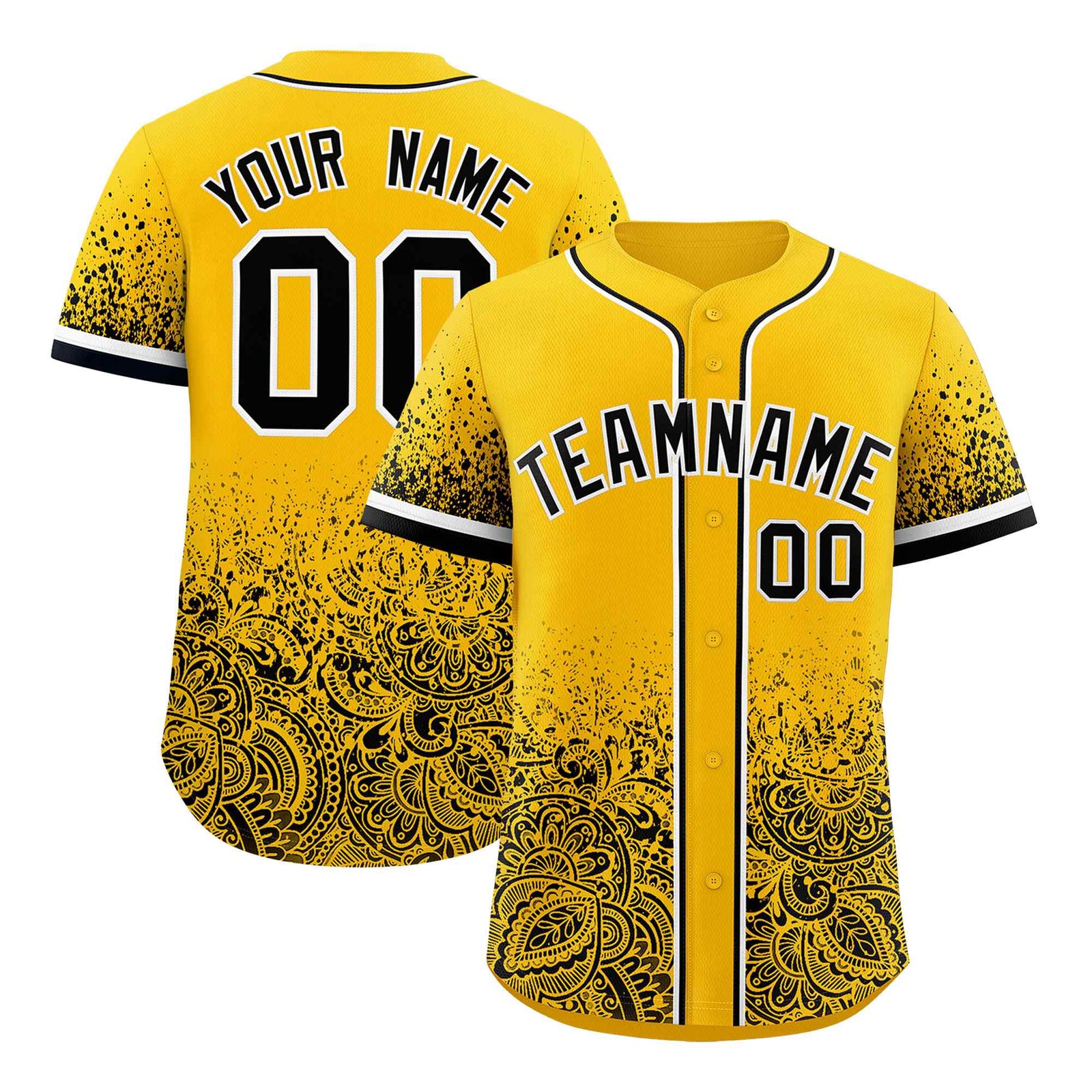 Custom Yellow Black Floral Print Pattern Full Button Gradient Fashion Baseball Jersey