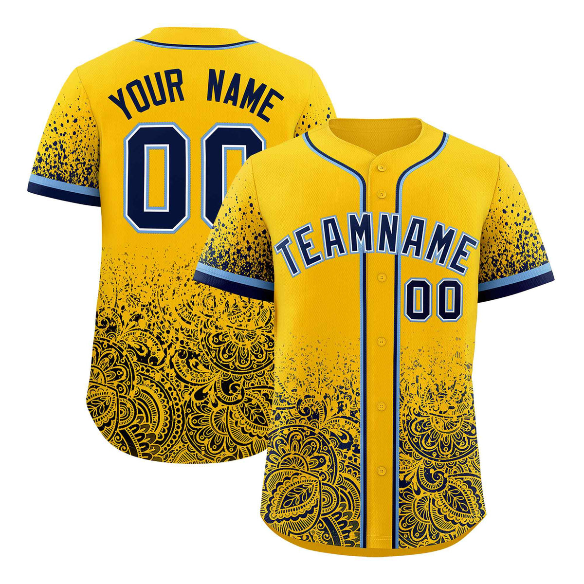 Custom Yellow Navy Floral Print Pattern Full Button Gradient Fashion Baseball Jersey