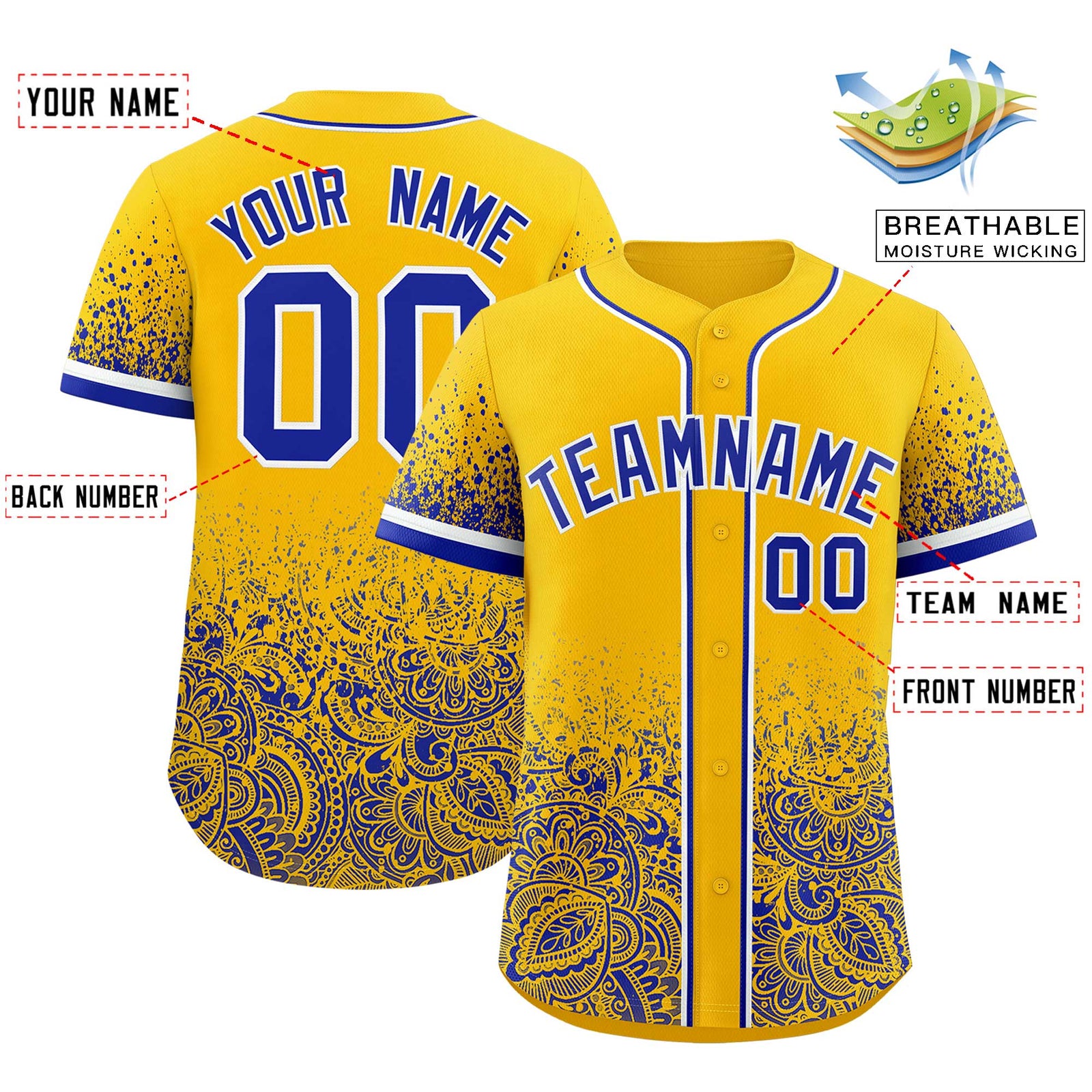 Custom Yellow Royal Floral Print Pattern Full Button Gradient Fashion Baseball Jersey