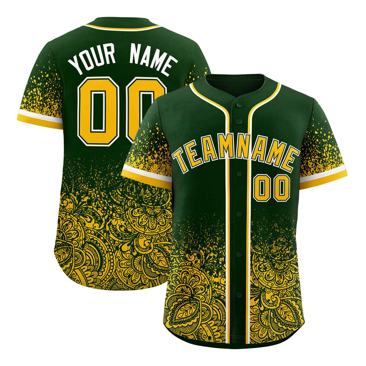 Custom Green Yellow Floral Print Pattern Full Button Gradient Fashion Baseball Jersey