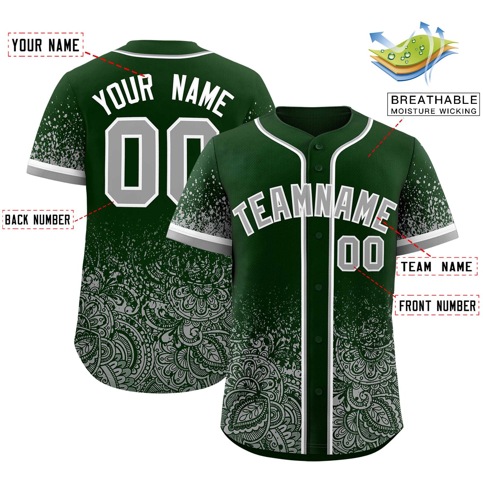 Custom Green Gray Floral Print Pattern Full Button Gradient Fashion Baseball Jersey