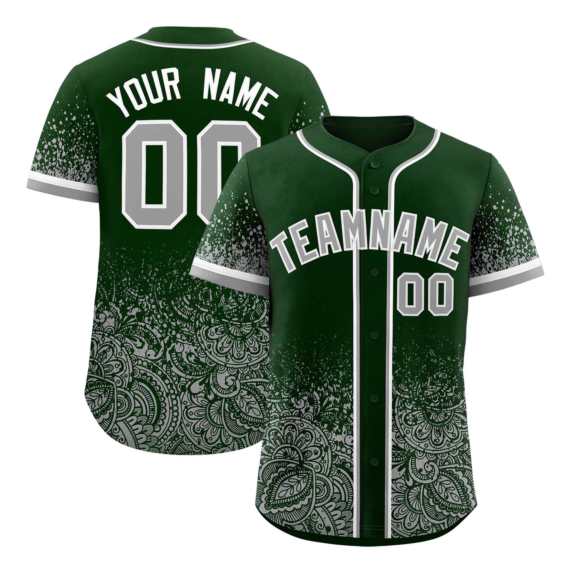 Custom Green Gray Floral Print Pattern Full Button Gradient Fashion Baseball Jersey