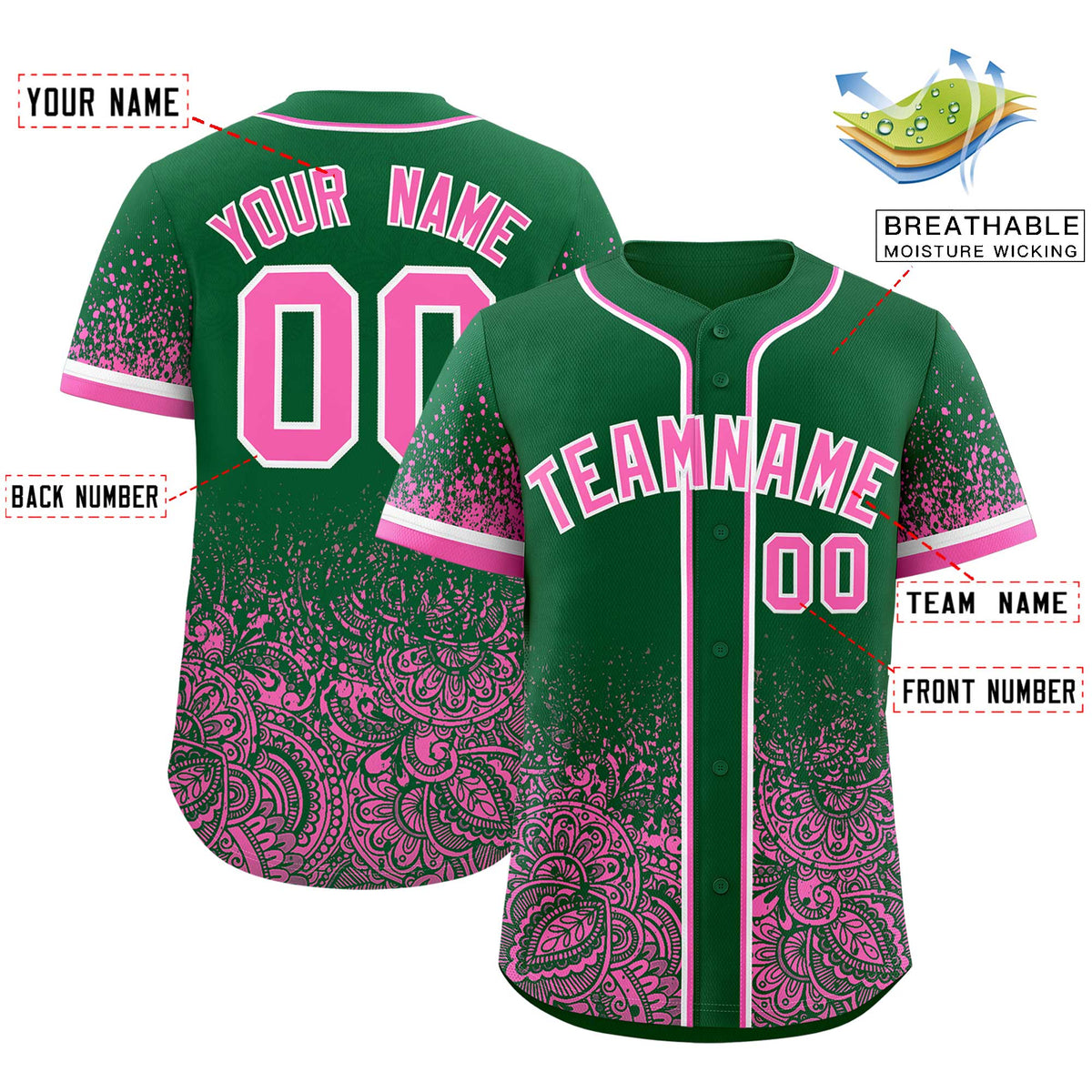 Custom Kelly Green Pink Floral Print Pattern Full Button Gradient Fashion Baseball Jersey