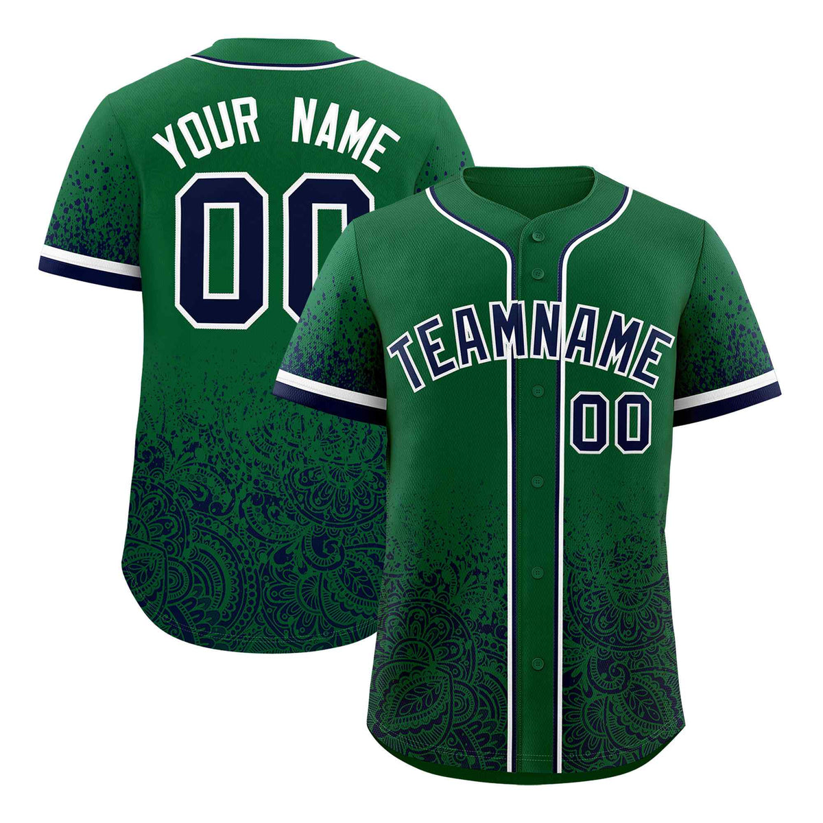 Custom Kelly Green Navy Floral Print Pattern Full Button Gradient Fashion Baseball Jersey