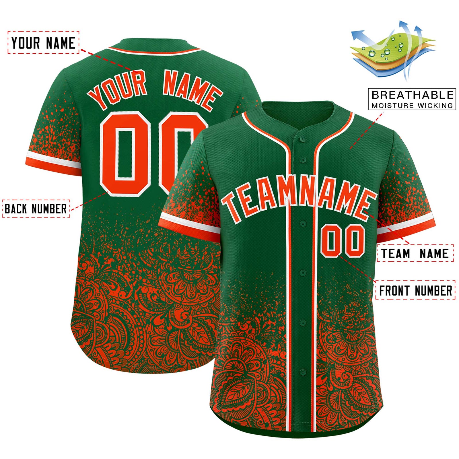 Custom Kelly Green Orange Floral Print Pattern Full Button Gradient Fashion Baseball Jersey