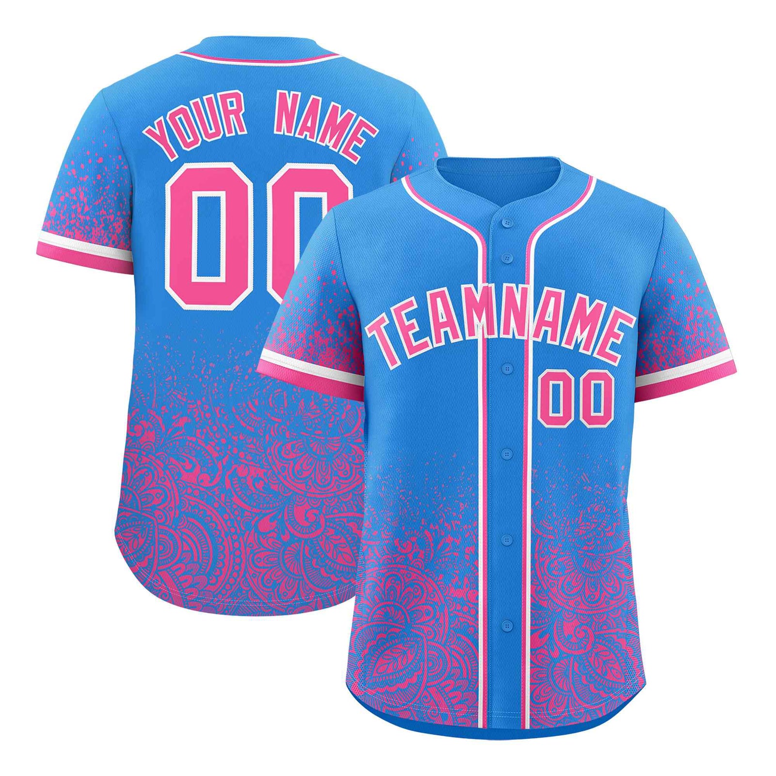 Custom Light Blue Pink Floral Print Pattern Full Button Gradient Fashion Baseball Jersey