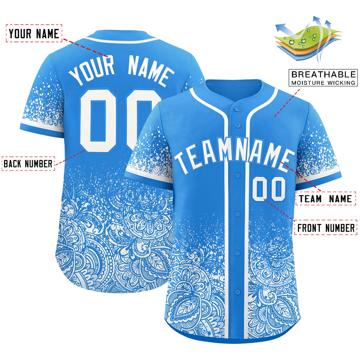 Custom Light Blue White Floral Print Pattern Full Button Gradient Fashion Baseball Jersey