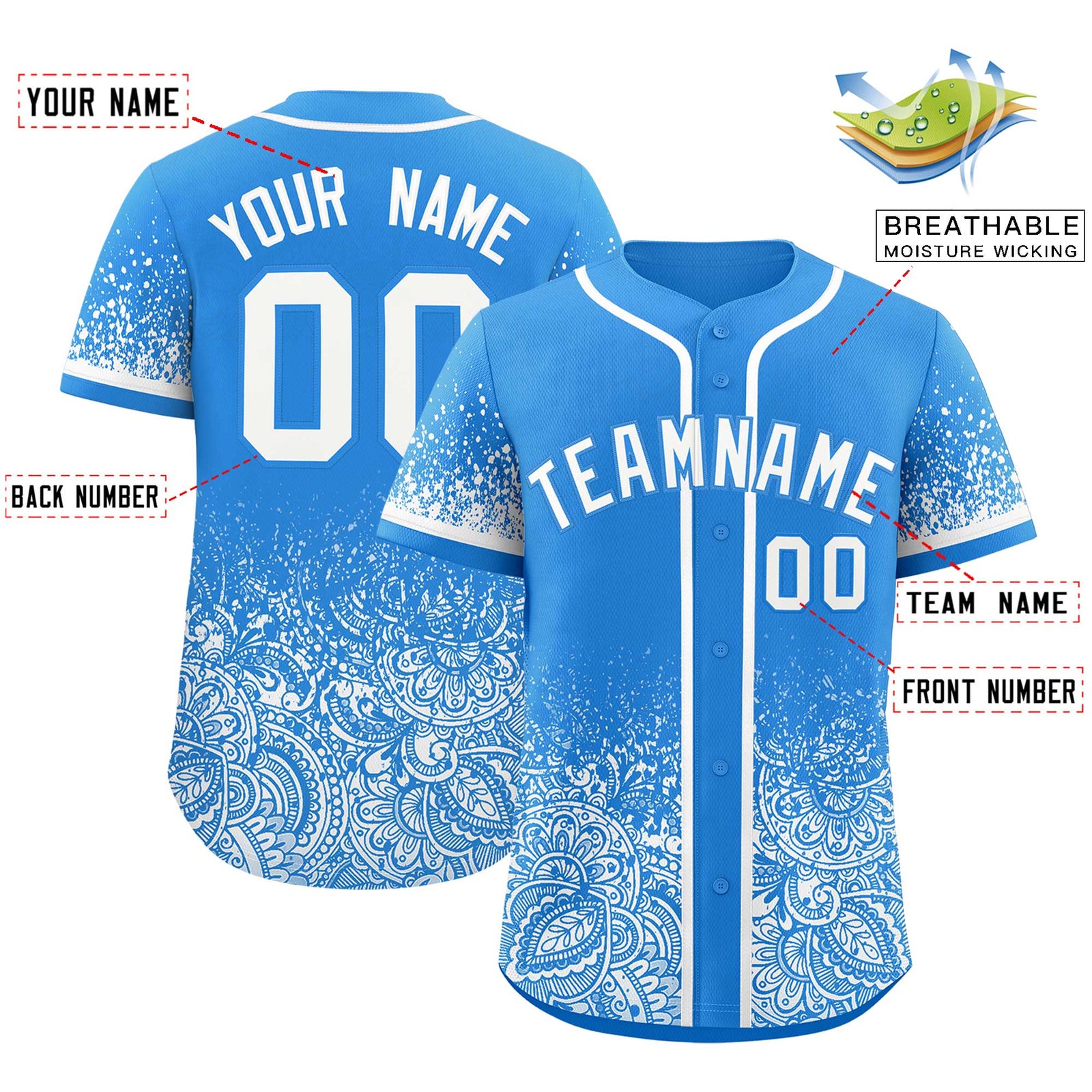 Custom Light Blue White Floral Print Pattern Full Button Gradient Fashion Baseball Jersey