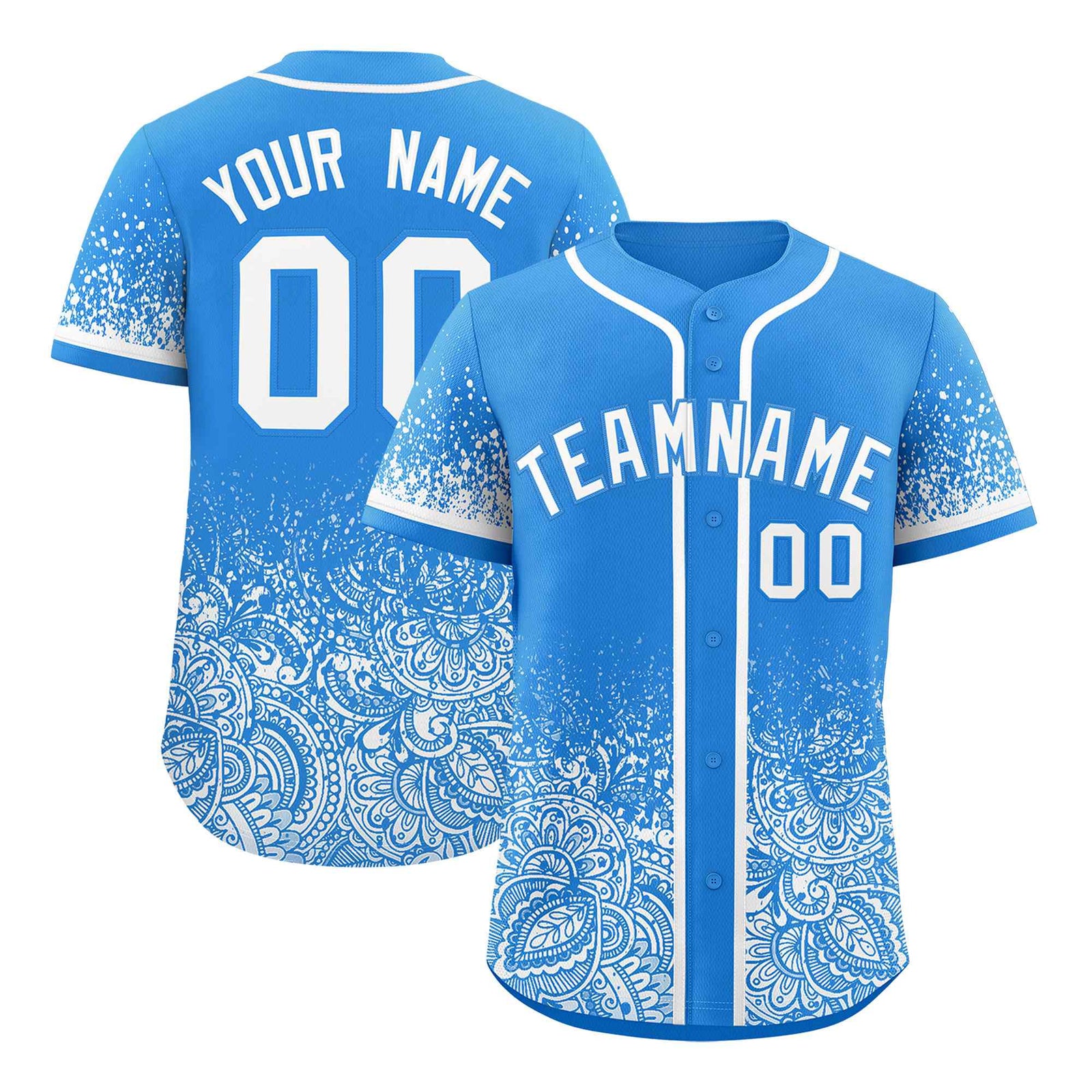 Custom Light Blue White Floral Print Pattern Full Button Gradient Fashion Baseball Jersey