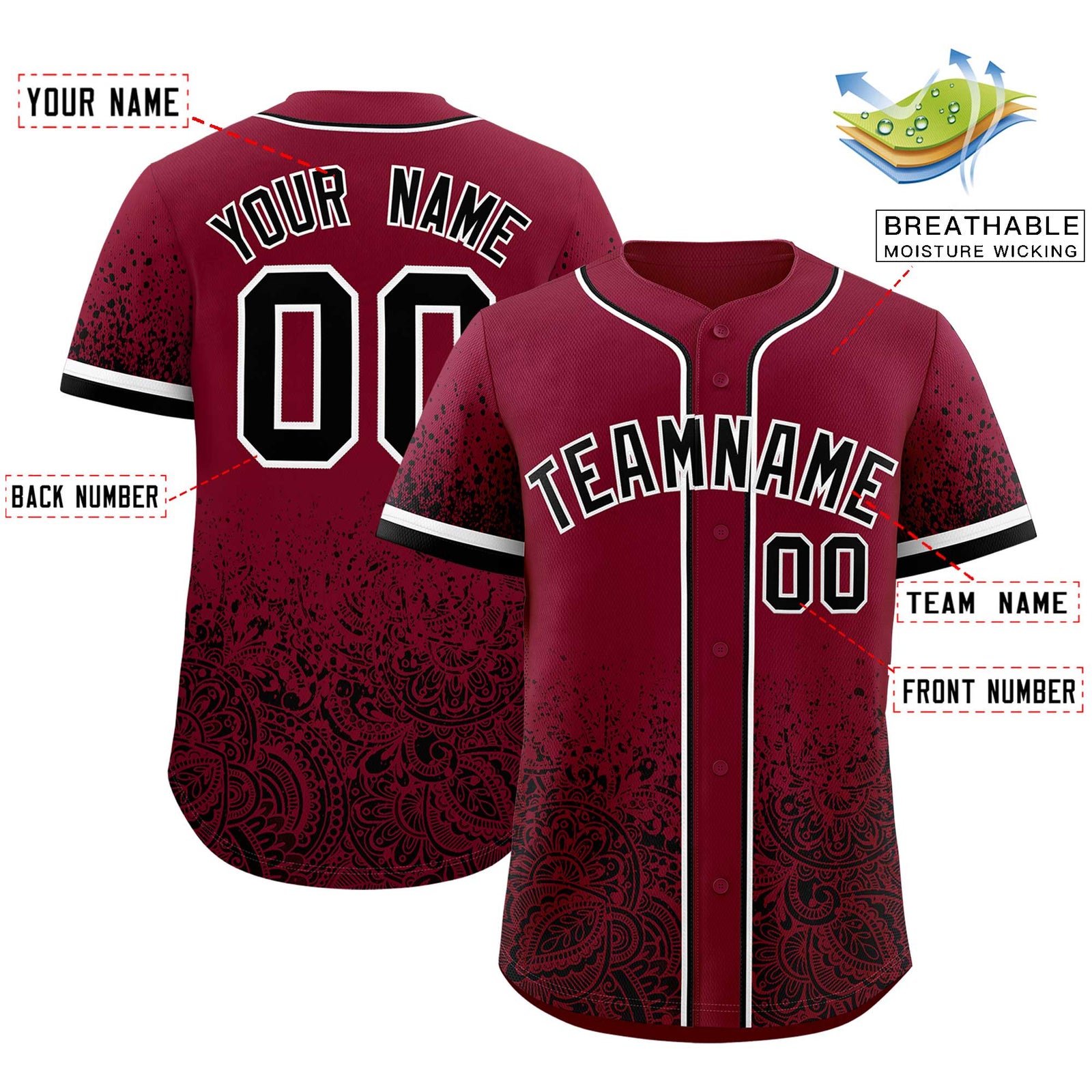 Custom Crimson Black Floral Print Pattern Full Button Gradient Fashion Baseball Jersey
