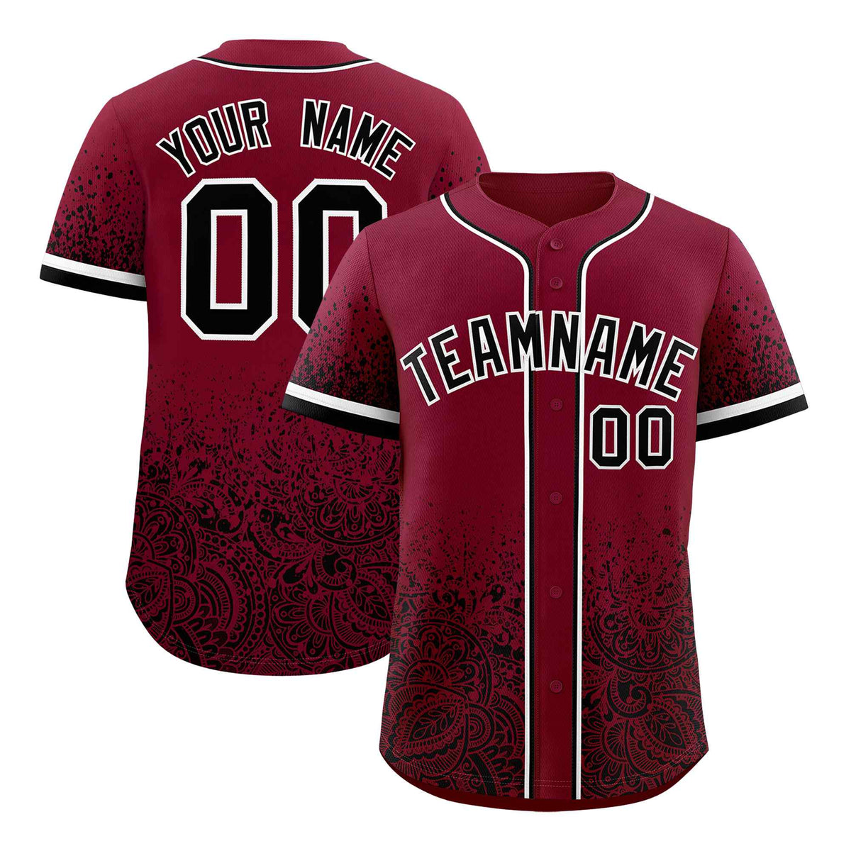 Custom Crimson Black Floral Print Pattern Full Button Gradient Fashion Baseball Jersey