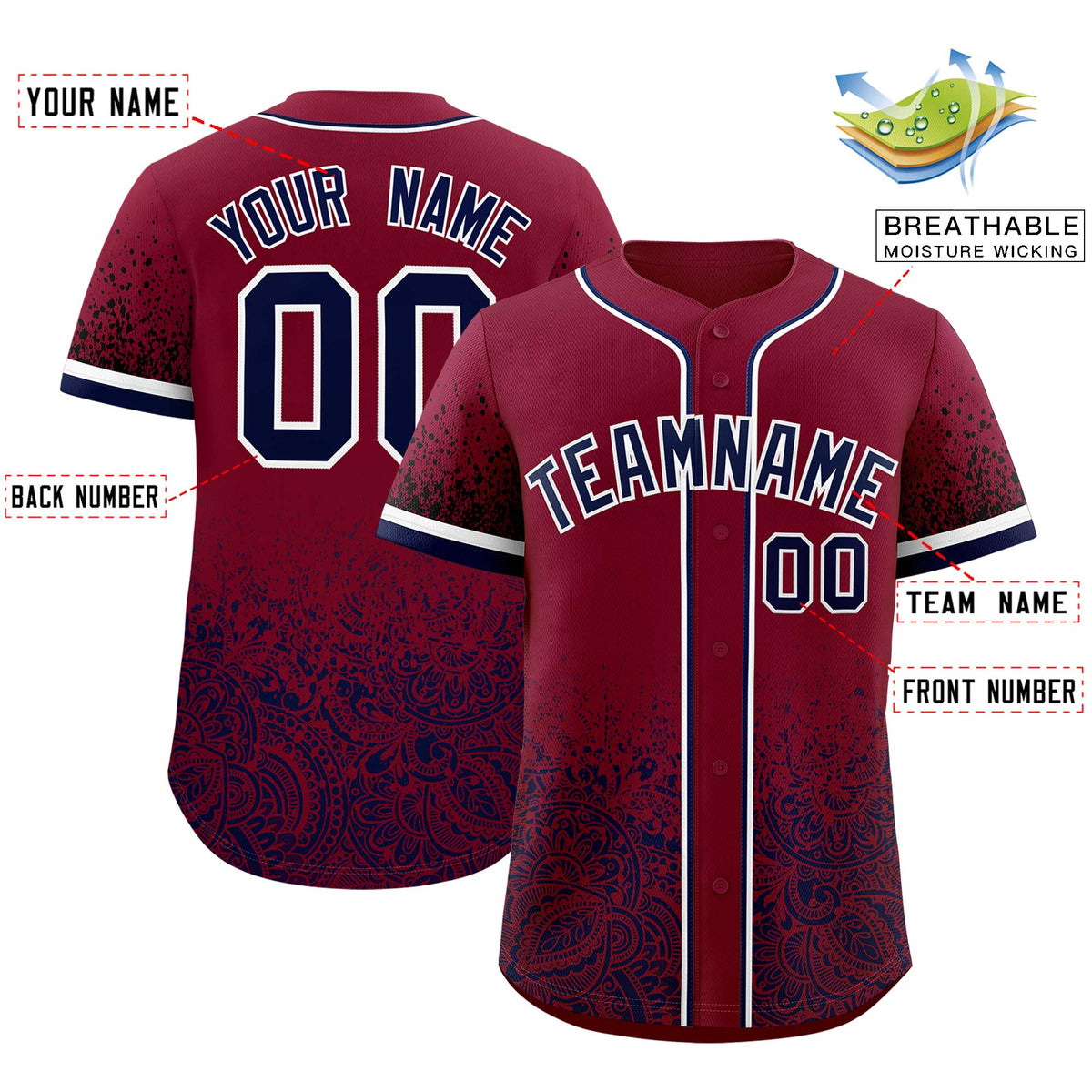 Custom Crimson Navy Floral Print Pattern Full Button Gradient Fashion Baseball Jersey