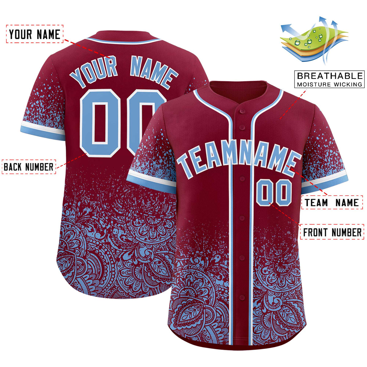 Custom Crimson Powder Blue Floral Print Pattern Full Button Gradient Fashion Baseball Jersey