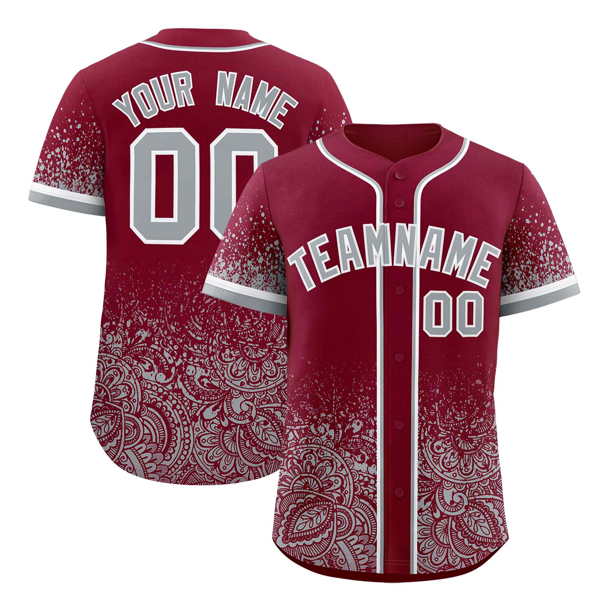Custom Crimson Gray Floral Print Pattern Full Button Gradient Fashion Baseball Jersey