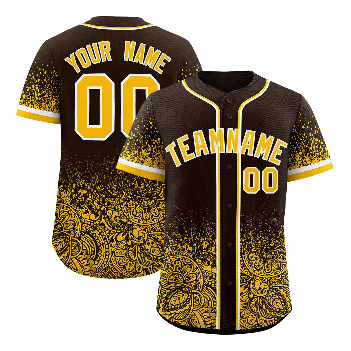 Custom Brown Yellow Floral Print Pattern Full Button Gradient Fashion Baseball Jersey