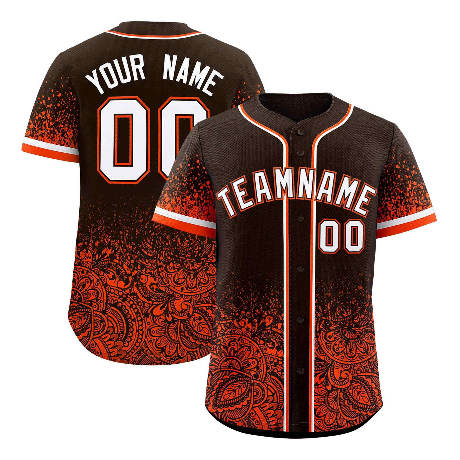 Custom Brown Orange Floral Print Pattern Full Button Gradient Fashion Baseball Jersey