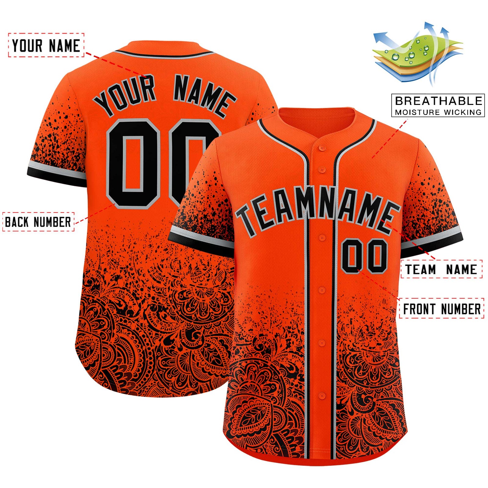 Custom Orange Black Floral Print Pattern Full Button Gradient Fashion Baseball Jersey