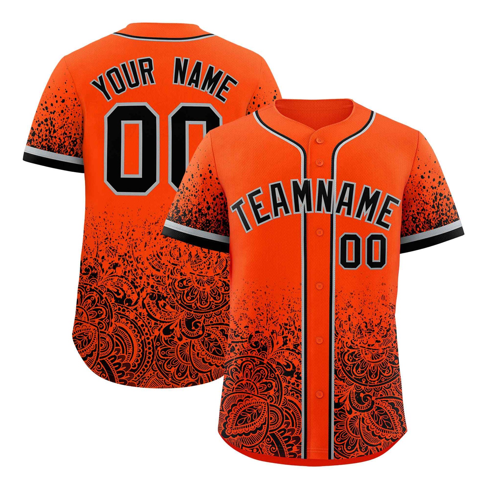 Custom Orange Black Floral Print Pattern Full Button Gradient Fashion Baseball Jersey