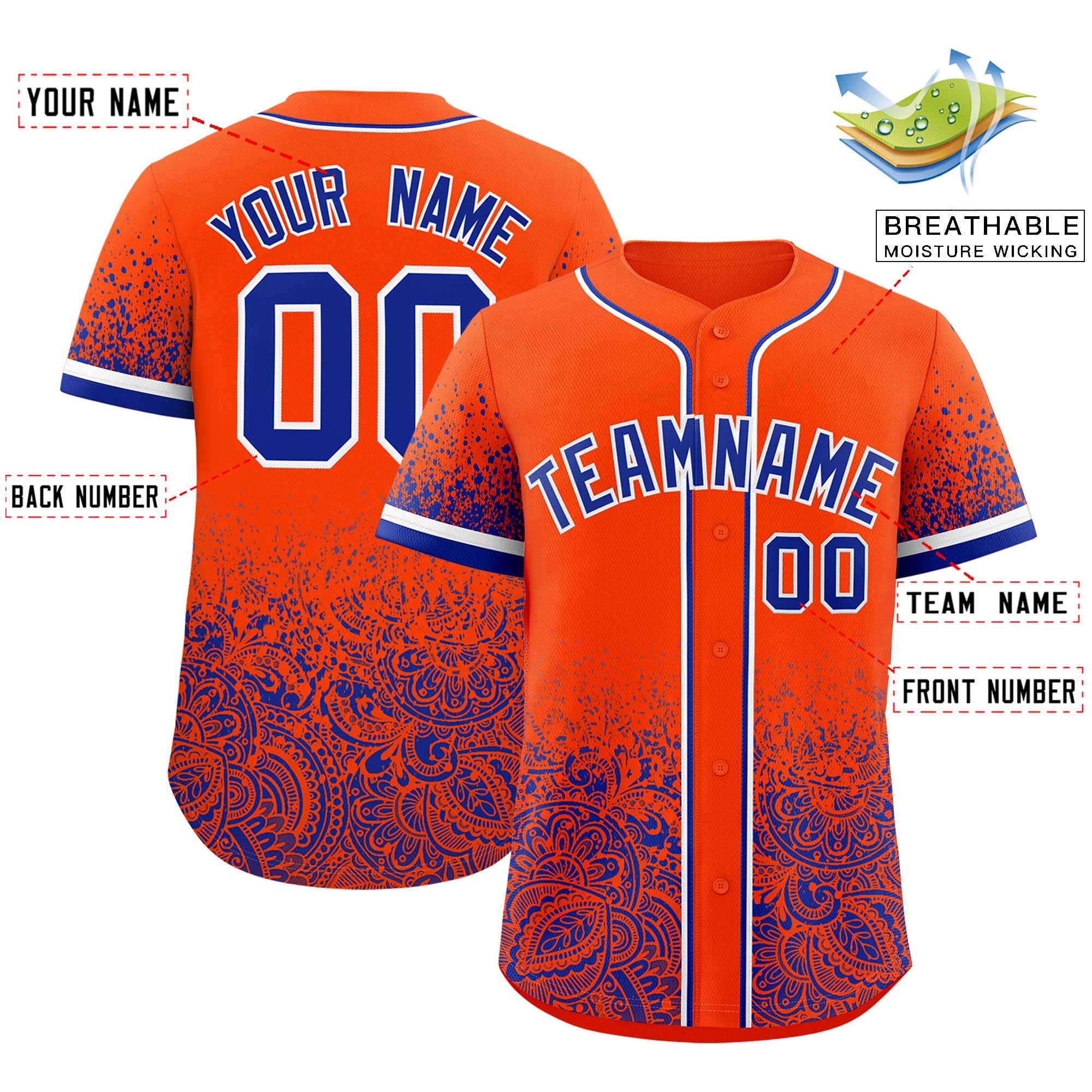 Custom Orange Royal Floral Print Pattern Full Button Gradient Fashion Baseball Jersey