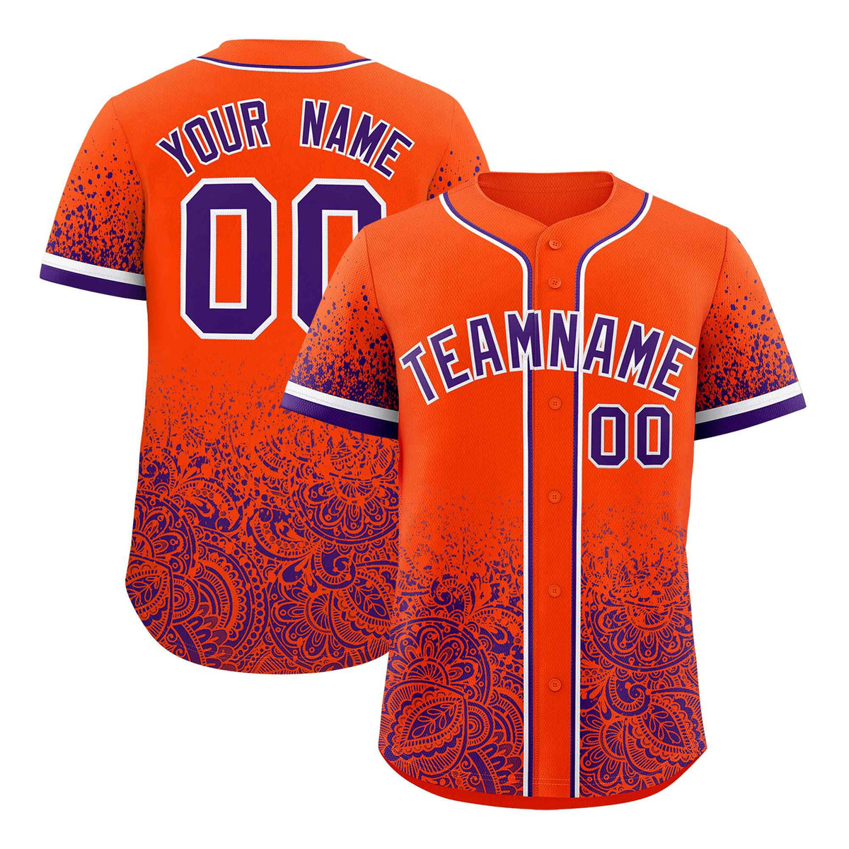 Custom Orange Purple Floral Print Pattern Full Button Gradient Fashion Baseball Jersey