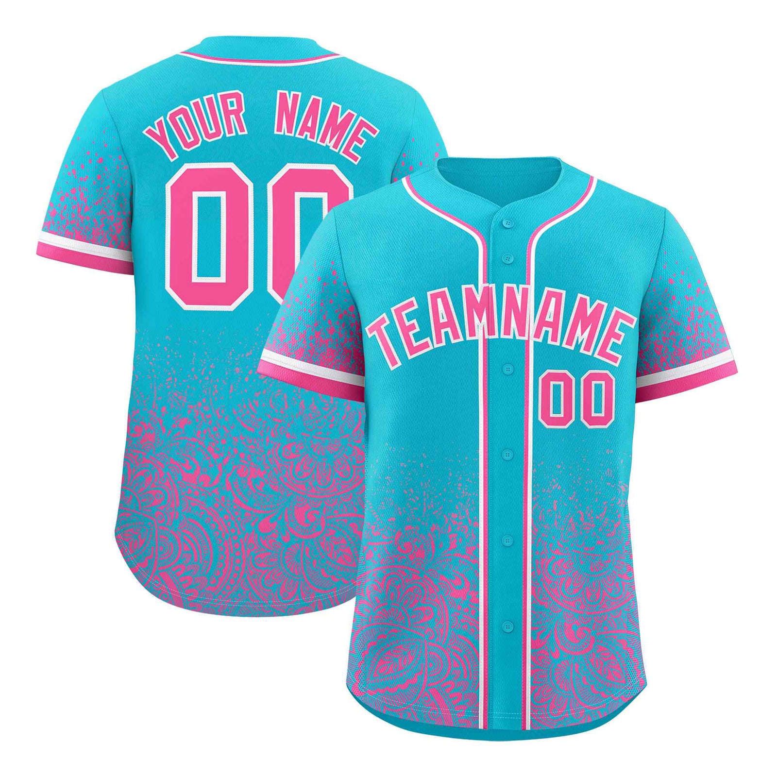 Custom Sky Blue Pink Floral Print Pattern Full Button Gradient Fashion Baseball Jersey