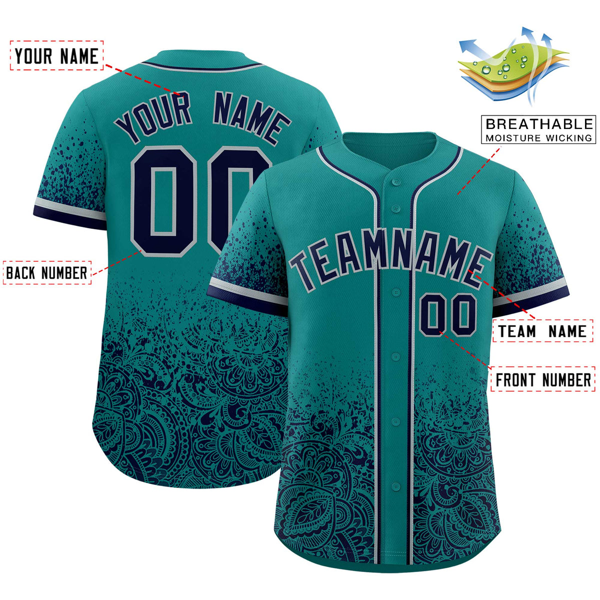 Custom Teal Navy Floral Print Pattern Full Button Gradient Fashion Baseball Jersey