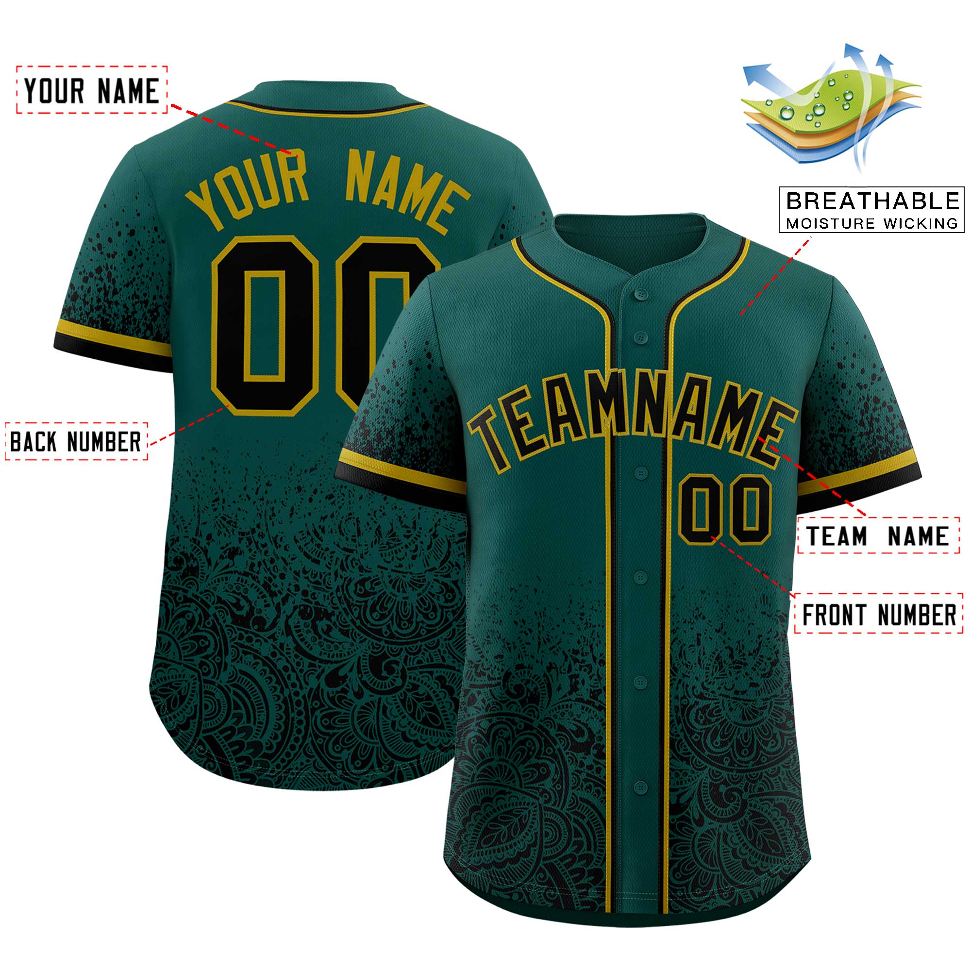Custom Midnight Green Black Floral Print Pattern Full Button Gradient Fashion Baseball Jersey