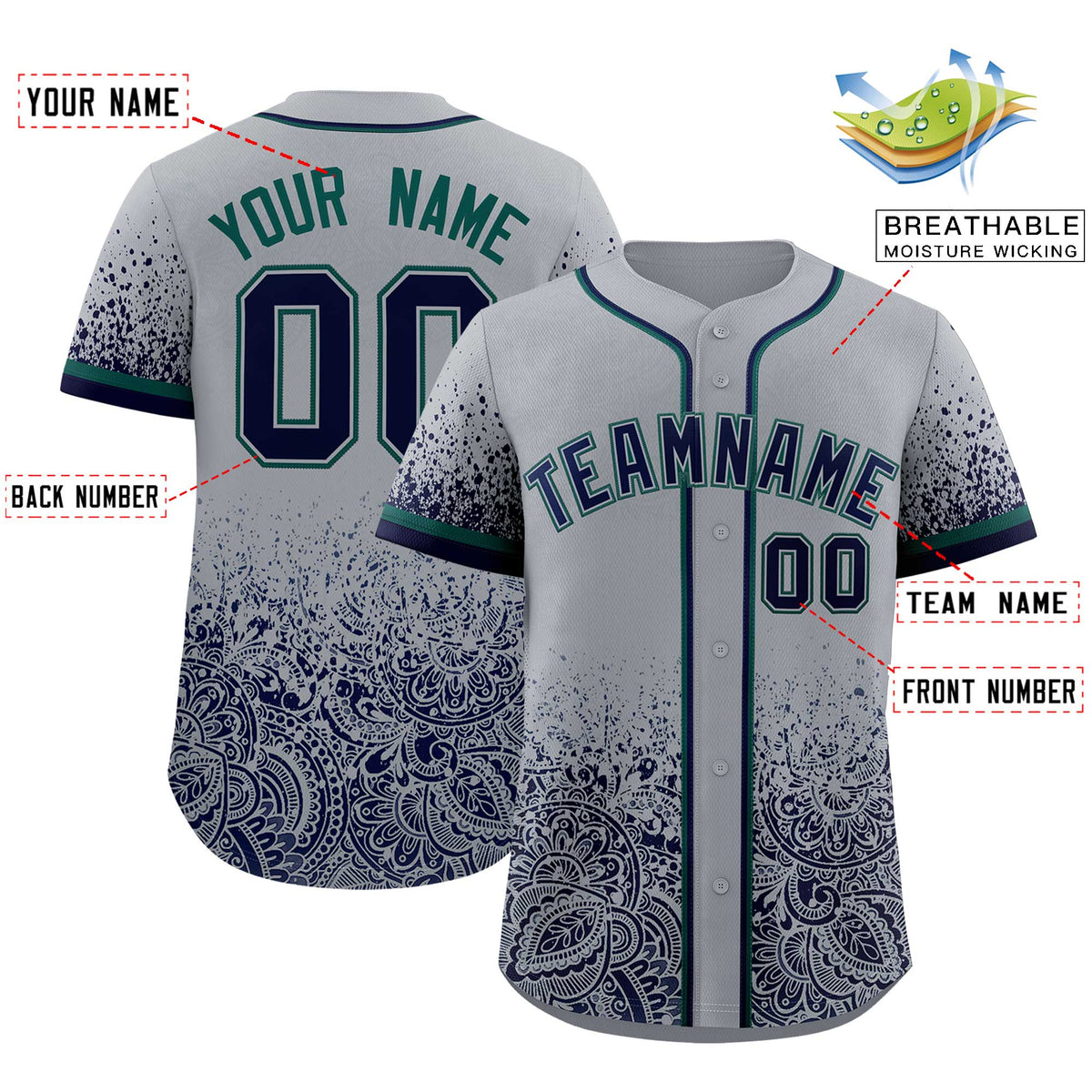 Custom Gray Navy Floral Print Pattern Full Button Gradient Fashion Baseball Jersey