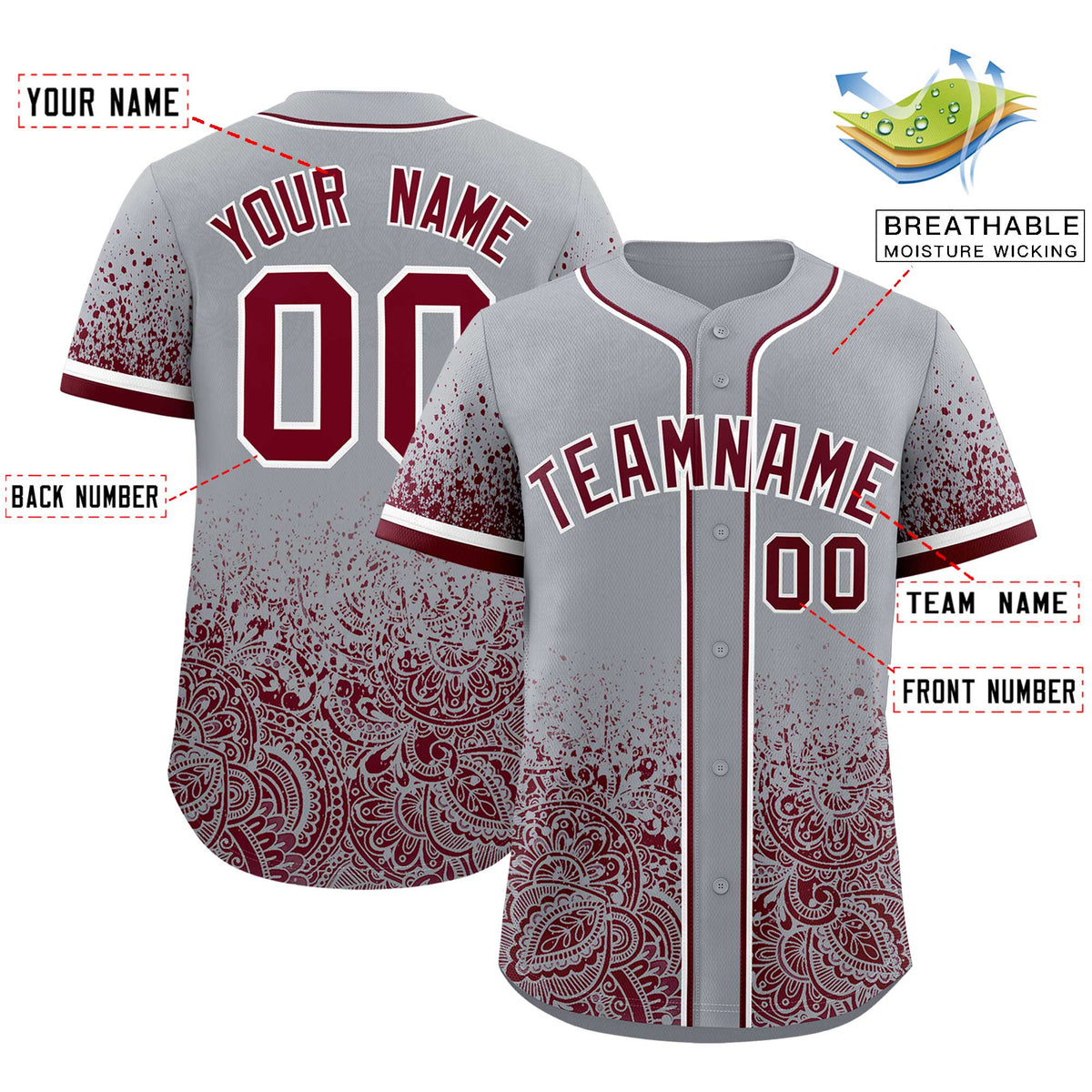 Custom Gray Crimson Floral Print Pattern Full Button Gradient Fashion Baseball Jersey