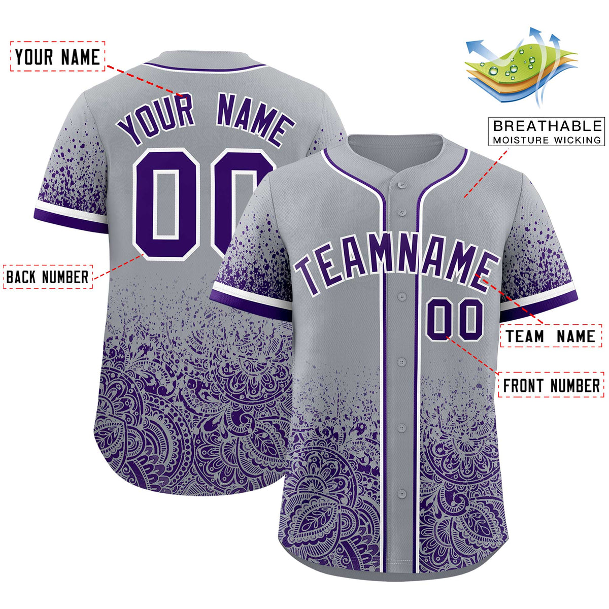 Custom Gray Purple Floral Print Pattern Full Button Gradient Fashion Baseball Jersey