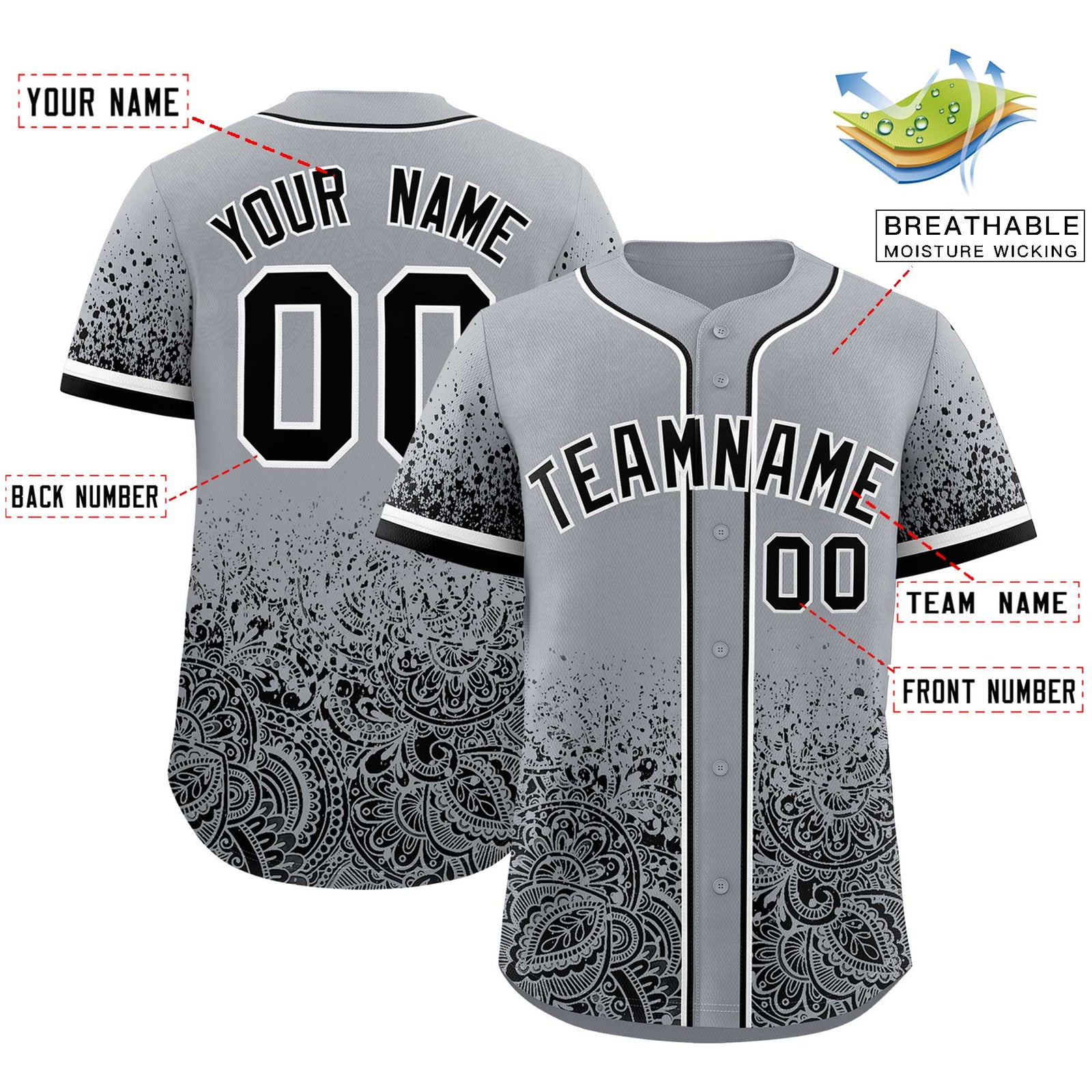 Custom Gray Black Floral Print Pattern Full Button Gradient Fashion Baseball Jersey