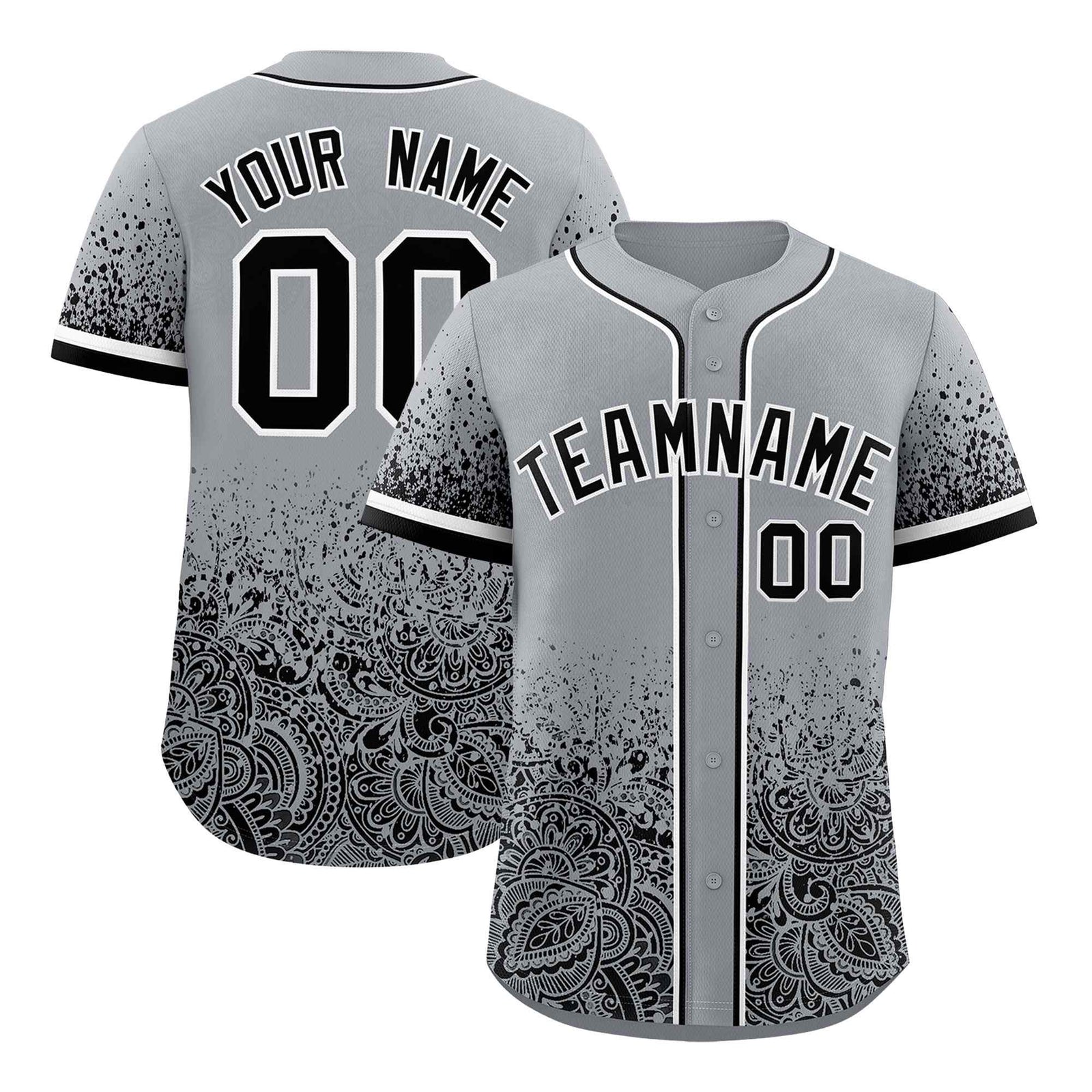 Custom Gray Black Floral Print Pattern Full Button Gradient Fashion Baseball Jersey