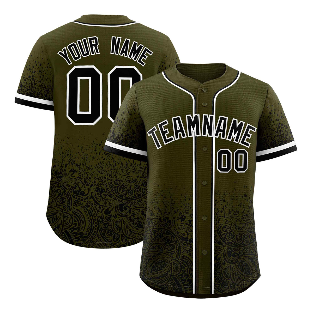 Custom Olive Black Floral Print Pattern Full Button Gradient Fashion Baseball Jersey