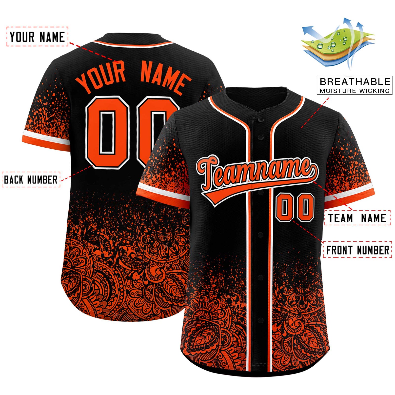 Custom Black Orange Floral Print Pattern Full Button Gradient Fashion Baseball Jersey