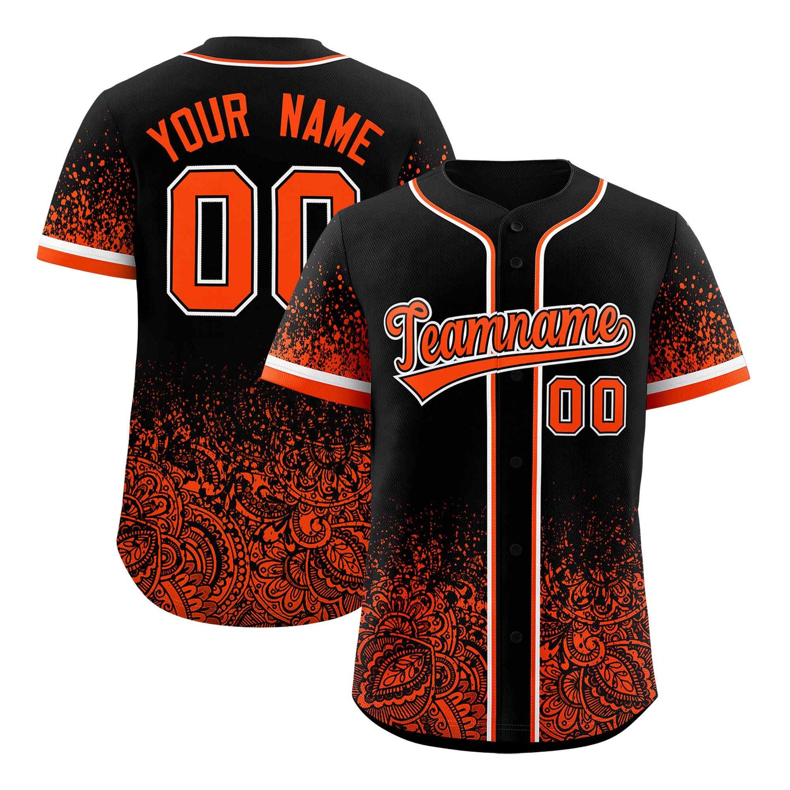 Custom Black Orange Floral Print Pattern Full Button Gradient Fashion Baseball Jersey