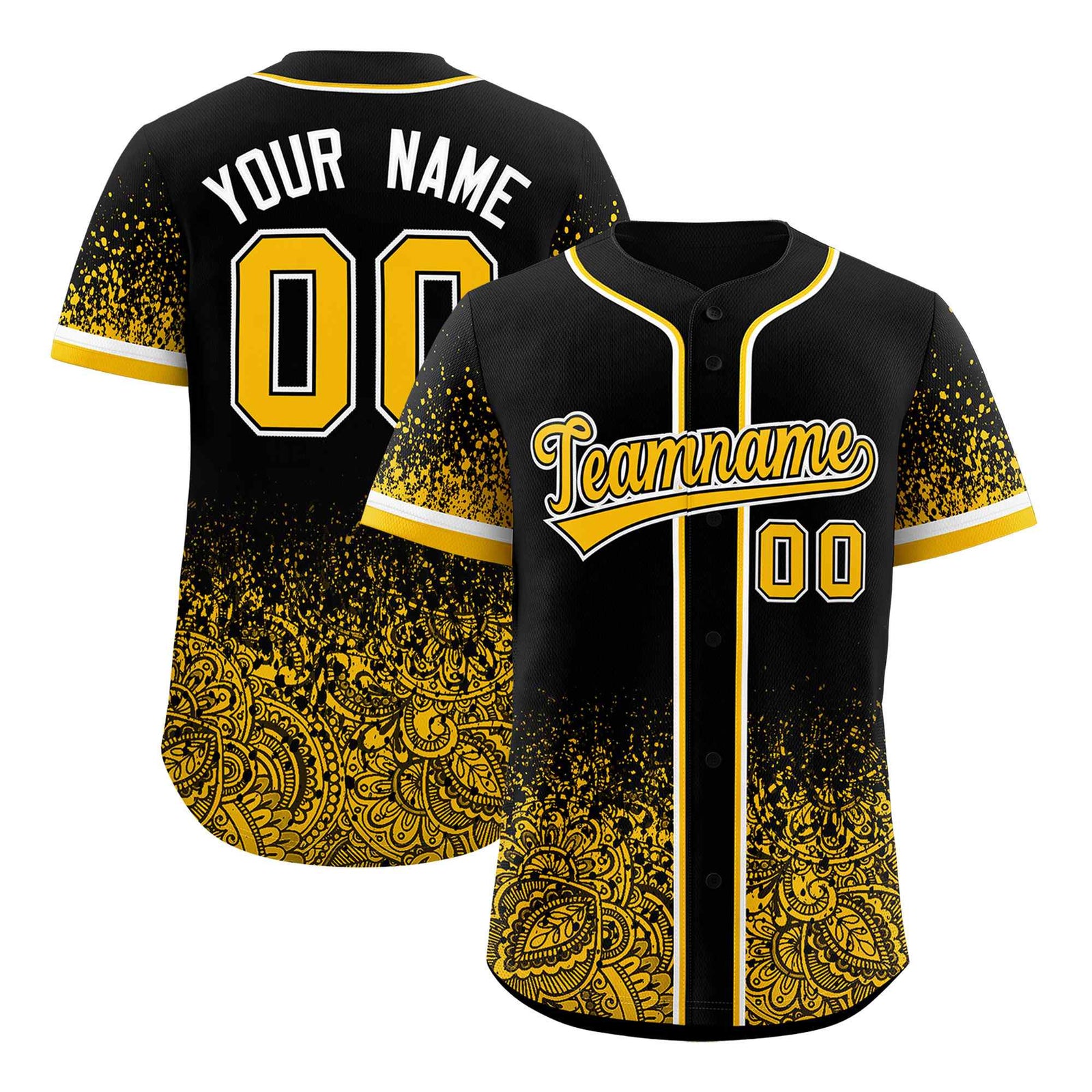 Custom Black Yellow Floral Print Pattern Full Button Gradient Fashion Baseball Jersey
