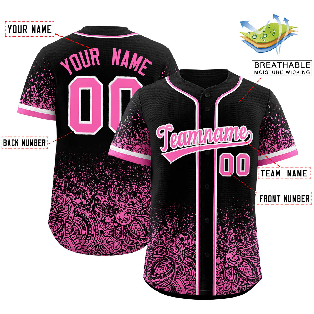 Custom Black Pink Floral Print Pattern Full Button Gradient Fashion Baseball Jersey