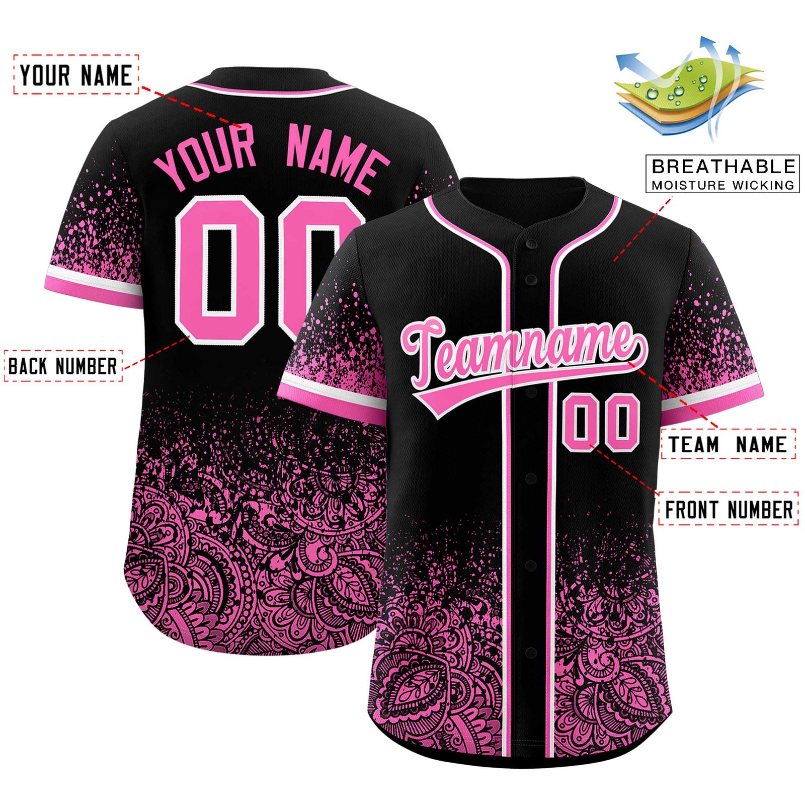 Custom Black Pink Floral Print Pattern Full Button Gradient Fashion Baseball Jersey