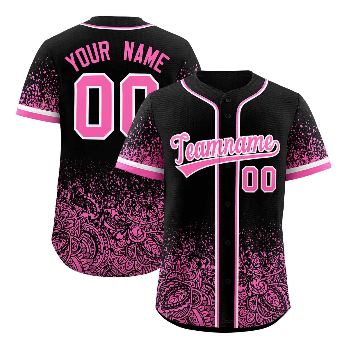 Custom Black Pink Floral Print Pattern Full Button Gradient Fashion Baseball Jersey