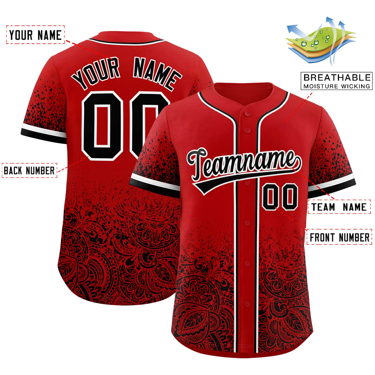 Custom Red Black Floral Print Pattern Full Button Gradient Fashion Baseball Jersey