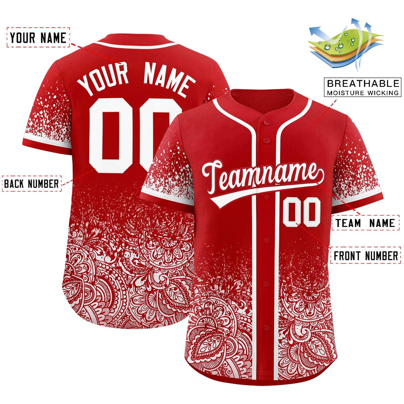 Custom Red White Floral Print Pattern Full Button Gradient Fashion Baseball Jersey