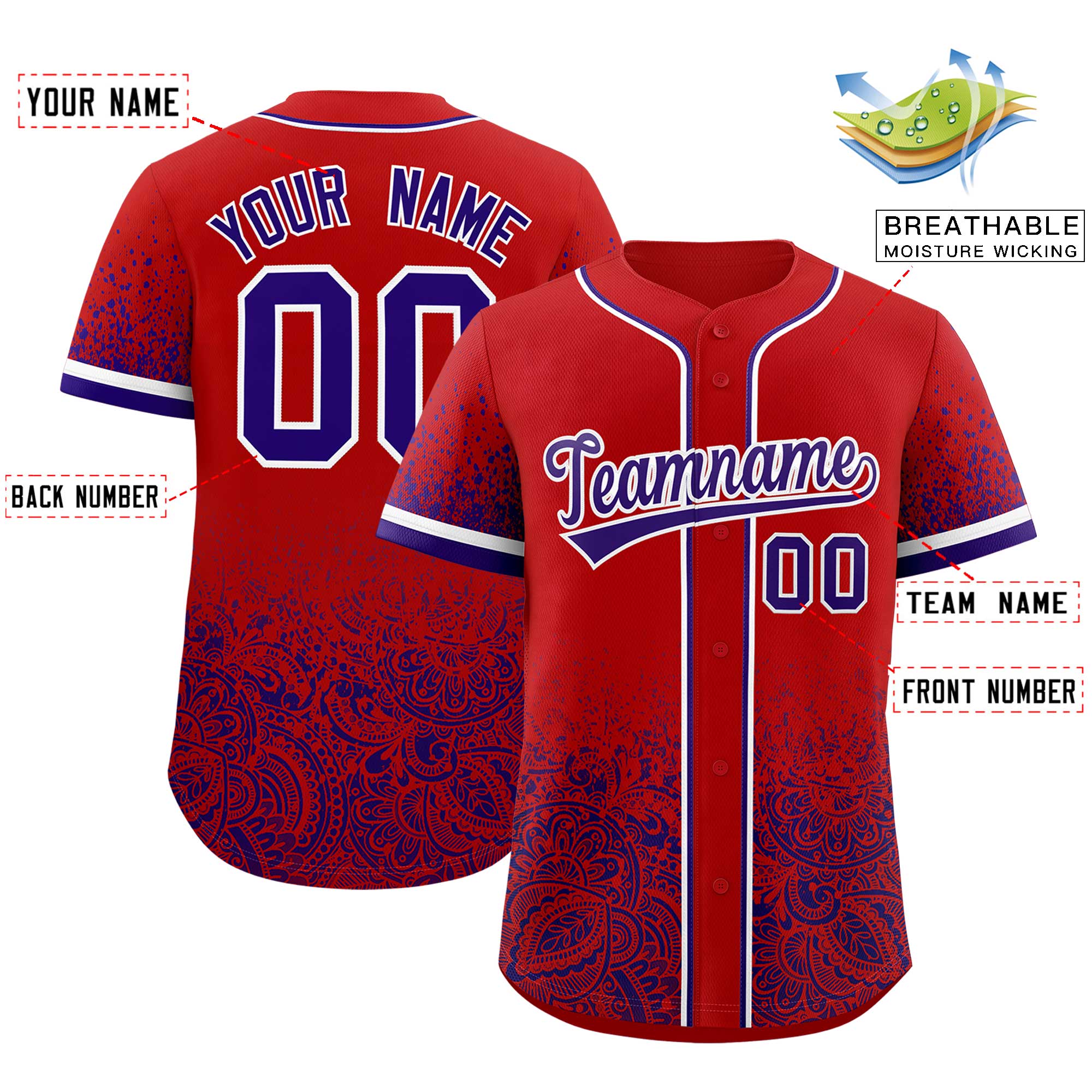 Custom Red Purple Floral Print Pattern Full Button Gradient Fashion Baseball Jersey