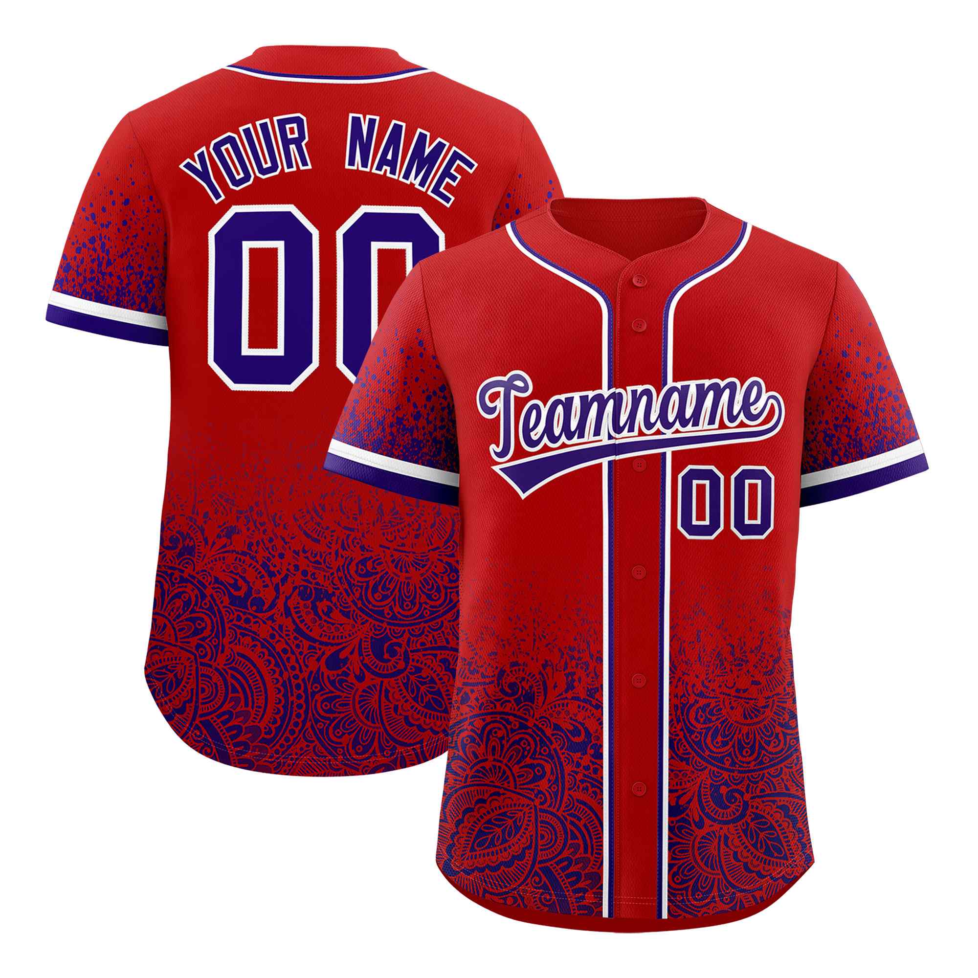 Custom Red Purple Floral Print Pattern Full Button Gradient Fashion Baseball Jersey